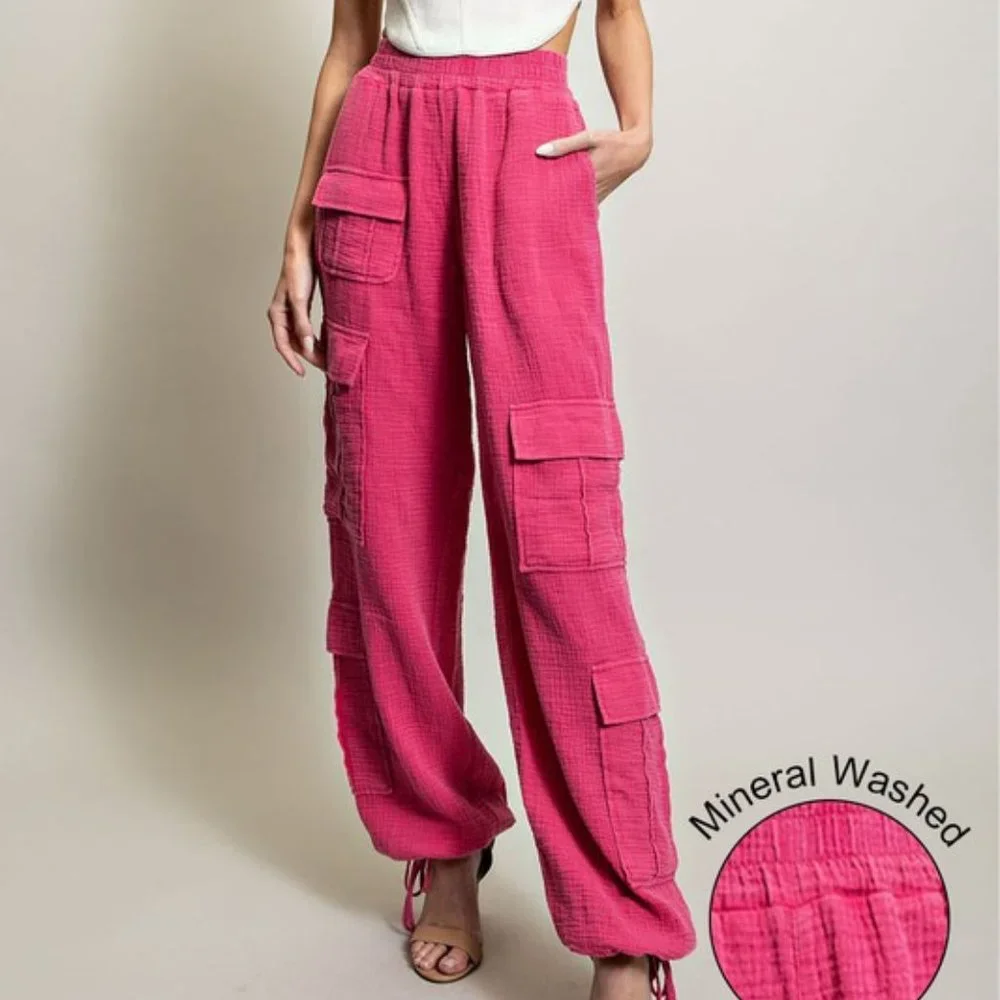 Hot Pink Mineral Washed Cotton Elastic Waist Cargo Pants - Picture 5 of 6